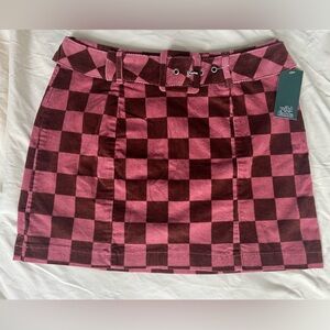 Corduroy checkered mini skirt w/ belt